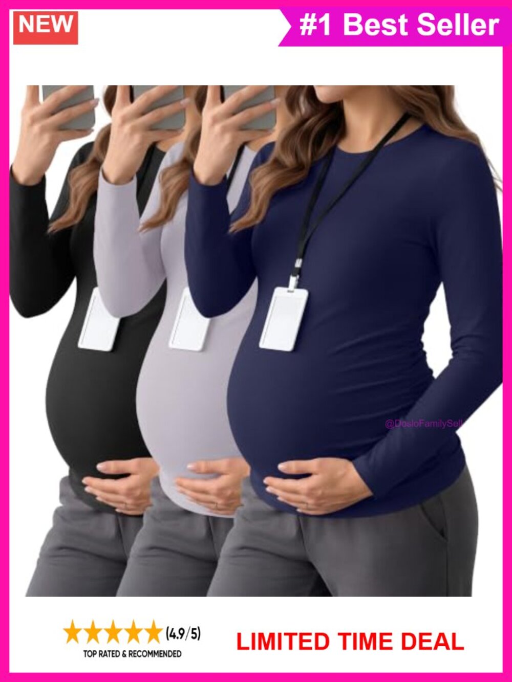 Maternity Under Scrub Long Sleeve Tee 3 Pack Crew Neck Ruched Tops